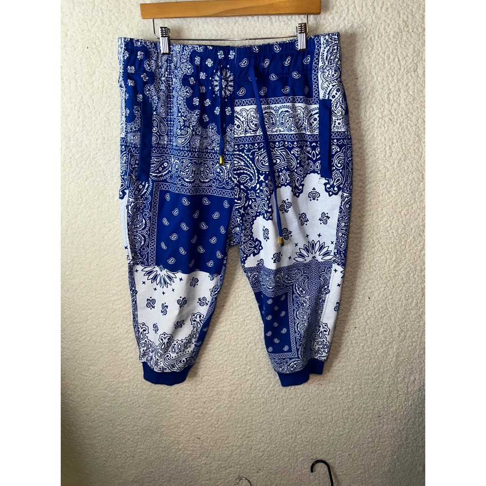 Bare Fox Mens Blue White Bandana Paisley Patchwork Jogger Sweatpants XL Street